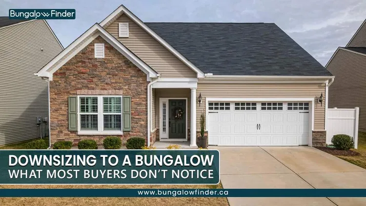 A modern single-storey bungalow with stone and siding exterior, double garage, front porch, and clean landscaping, promoting downsizing to a bungalow. A modern single-storey bungalow with stone and siding exterior, double garage, front porch, and clean landscaping, promoting downsizing to a bungalow.